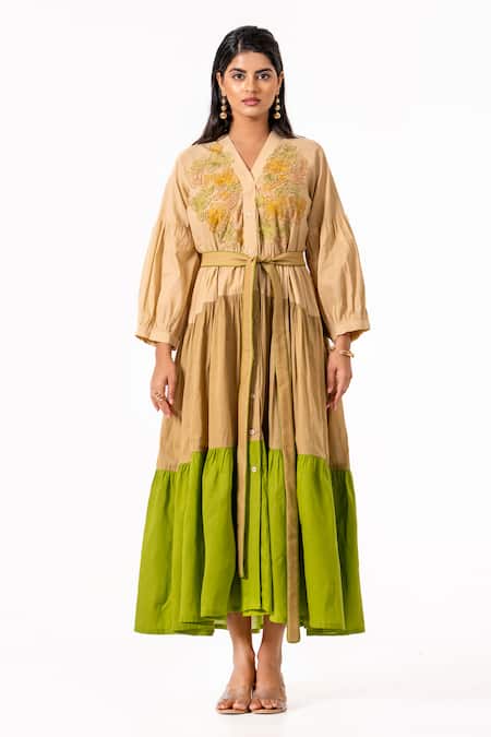 K-Anshika Resham Embroidered Midi Dress With Belt 