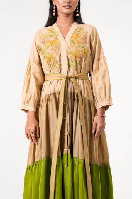 K-Anshika_Beige Cotton Embroidery V-neck Resham Midi Dress With Belt _Online_at_Aza_Fashions