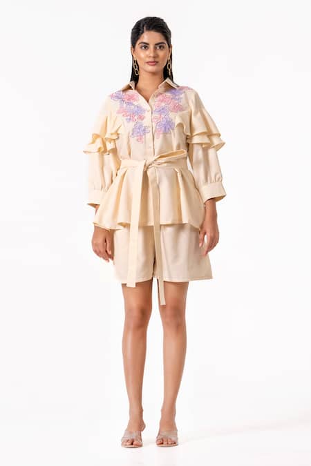 K-Anshika_Yellow Embroidery Collared Resham Ruffled Shirt And Shorts Set _Online_at_Aza_Fashions