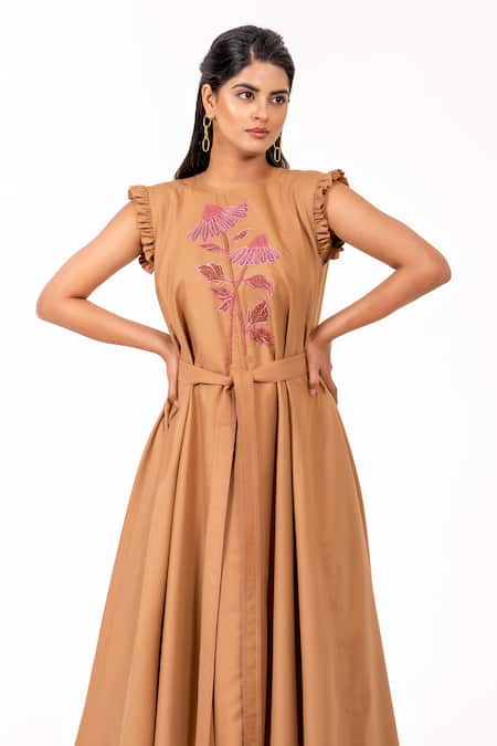 K-Anshika_Beige Embroidery, Beads Round Neck Resham Dress With Belt _Online_at_Aza_Fashions