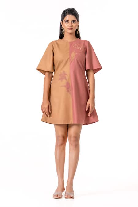 K-Anshika_Beige Embroidery, Beads, Sequins Round Neck Two Tone Resham And Dress _Online_at_Aza_Fashions