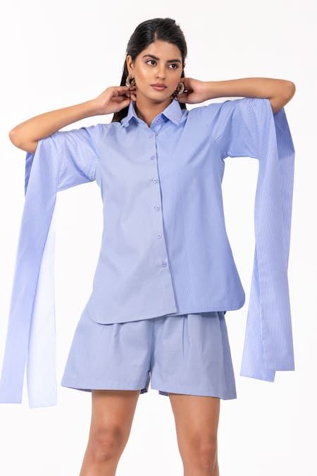 Buy_K-Anshika_Sky Blue Collared Striped Shirt With Shorts _Online_at_Aza_Fashions