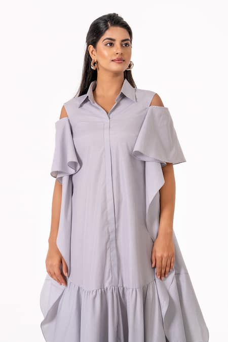K-Anshika_Gray Collared, V-neck Striped Cold Shoulder Ruffle Maxi Dress _Online_at_Aza_Fashions