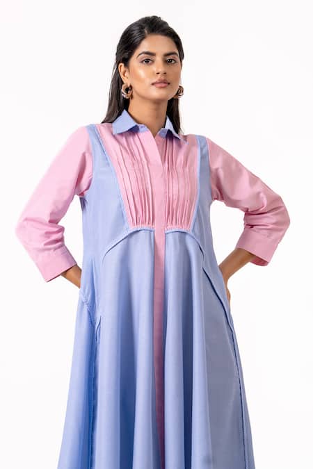 K-Anshika_Blue Collared, Button-down Neck Striped Midi Dress  _Online_at_Aza_Fashions