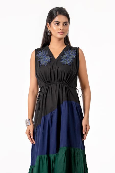 K-Anshika_Black Cotton Embroidery V-neck Resham Colorblock Midi Dress _Online_at_Aza_Fashions