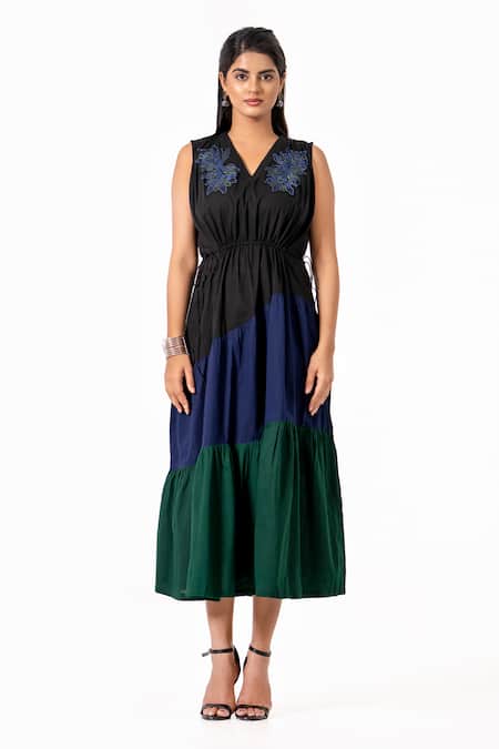 K-Anshika Resham Embroidered Colorblock Midi Dress 