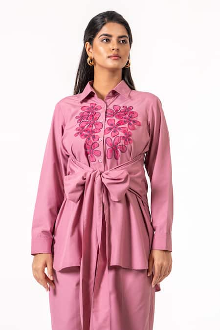 K-Anshika_Pink Cotton Embroidery Collared Resham Shirt And Pant Set _Online_at_Aza_Fashions