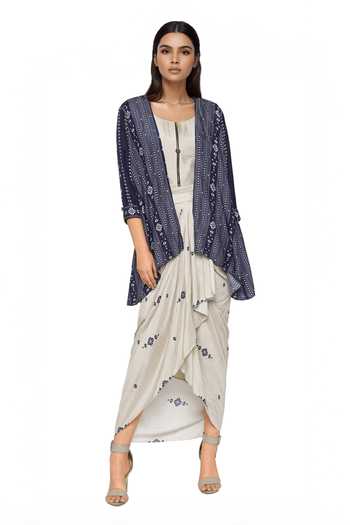 Buy Soup By Sougat Paul Blue Malaysian Silk Round Draped Jacket Skirt Set at Aza Fashions Buy_Soup By Sougat Paul_Blue Malaysian Silk Round Draped Jacket Skirt Set _at_Aza_Fashions
