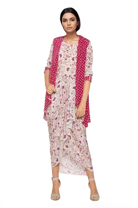 Soup By Sougat Paul Pink Crepe Floral Round Neck Printed Dress With Asymmetrical Jacket 
