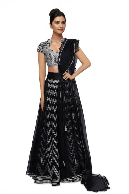 Neha Khullar Black Organza, Chanderi Silk V Neck Embroidered Lehenga Set