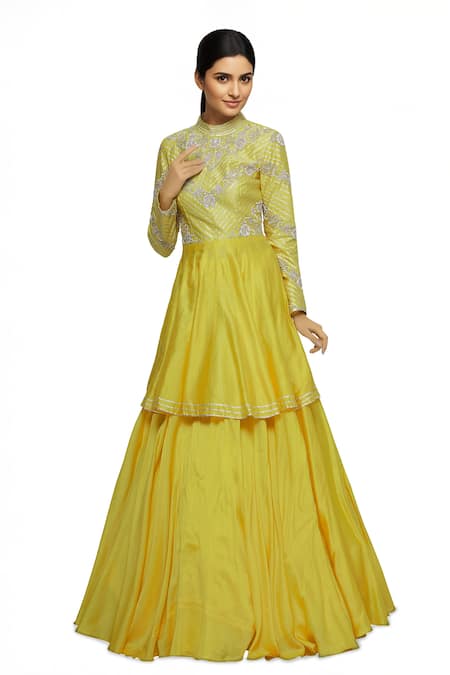 Neha Khullar Yellow Chanderi Silk High-neck Round Neckline Kurta Lehenga Set