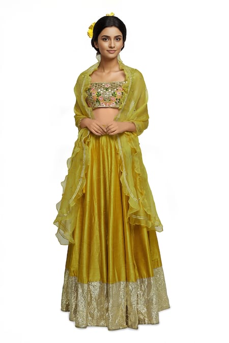 Neha Khullar Yellow Raw Silk, Organza Square Neckline Embroidered Lehenga Set 