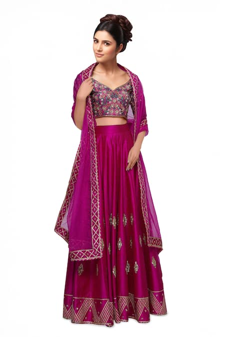 Neha Khullar Pink Raw Silk, Organza Leaf Neck Embroidered Lehenga Set 