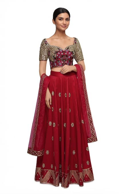 Neha Khullar Red Raw Silk, Organza Leaf Neck Embroidered Lehenga Set