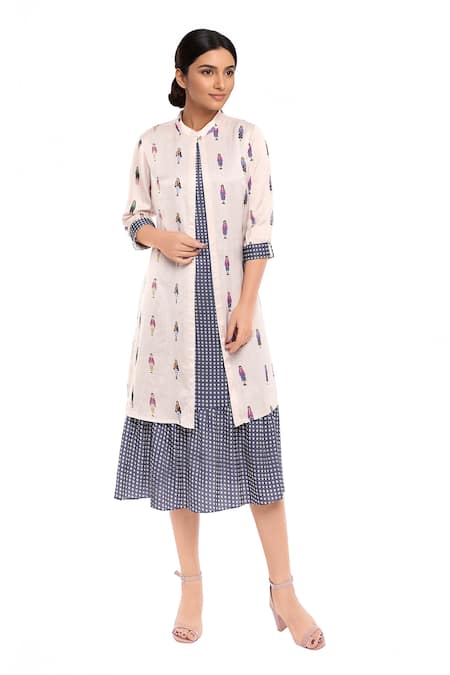 So Us By Sougatpaul Off White Satin Dress Roundjacket Stand Collar Printed With Jacket 