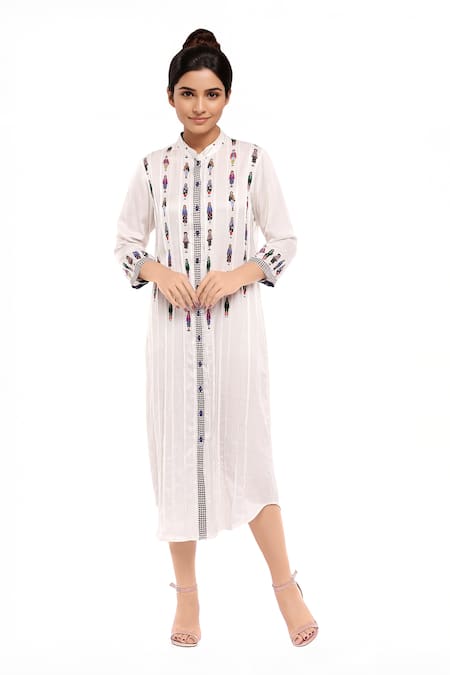 So Us By Sougatpaul Off White Satin Stand Collar Printed Midi Dress 