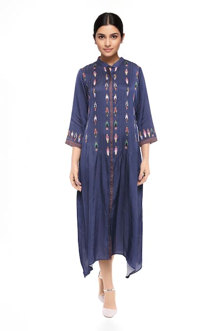 So Us By Sougatpaul Blue Satin Stand Collar Printed Midi Dress 