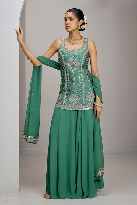 Maisolos Hand Embroidered Raw Silk Kurta Sharara Set 