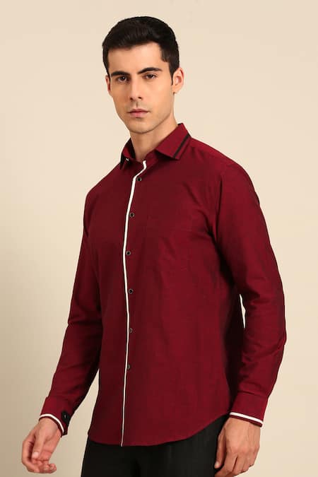 Mayank Modi - Men_Maroon Cotton Contrast Piping Shirt _Online_at_Aza_Fashions