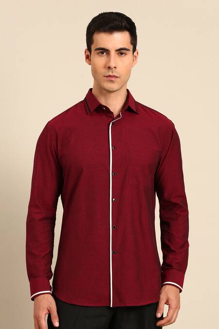 Buy_Mayank Modi - Men_Maroon Cotton Contrast Piping Shirt _Online_at_Aza_Fashions