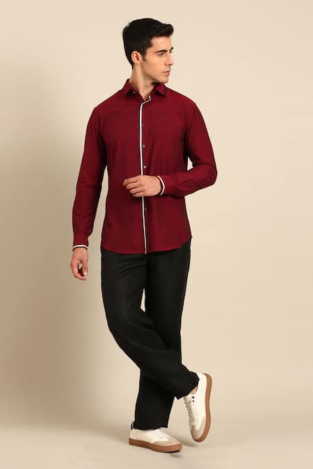 Shop_Mayank Modi - Men_Maroon Cotton Contrast Piping Shirt _Online_at_Aza_Fashions