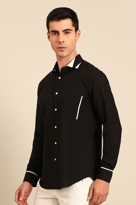 Mayank Modi - Men_Black Cotton Piping Contrast Collar Shirt _Online_at_Aza_Fashions