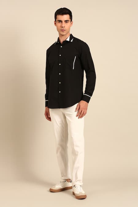 Buy_Mayank Modi - Men_Black Cotton Piping Contrast Collar Shirt _Online_at_Aza_Fashions