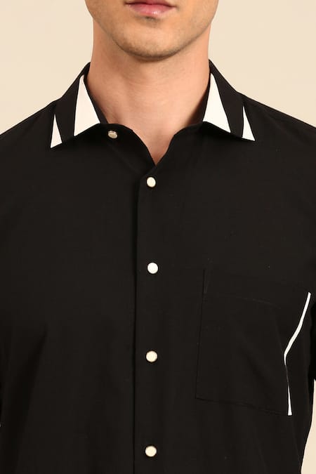 Mayank Modi - Men_Black Cotton Piping Contrast Collar Shirt _at_Aza_Fashions