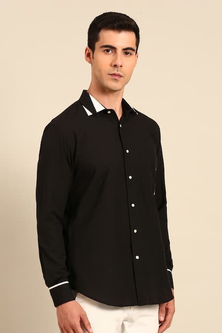Buy_Mayank Modi - Men_Black Cotton Piping Contrast Collar Shirt 