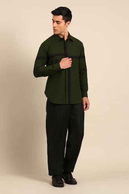 Mayank Modi - Men_Green Cotton Color Block Shirt _Online_at_Aza_Fashions