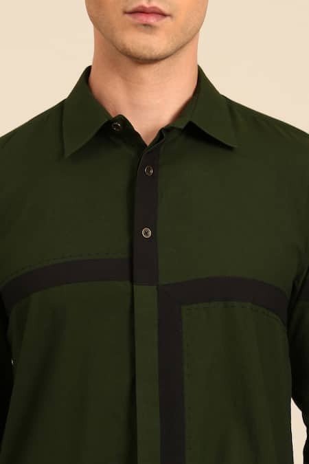 Buy_Mayank Modi - Men_Green Cotton Color Block Shirt _Online_at_Aza_Fashions