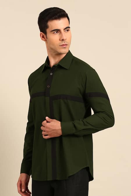 Shop_Mayank Modi - Men_Green Cotton Color Block Shirt _Online_at_Aza_Fashions