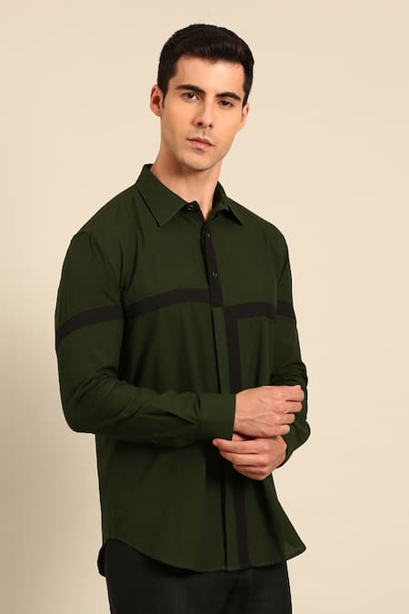 Mayank Modi - Men_Green Cotton Color Block Shirt _at_Aza_Fashions