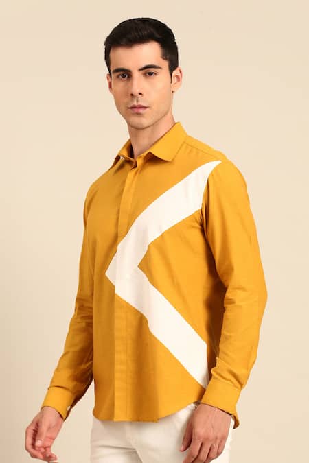 Mayank Modi - Men_Yellow Cotton Geometric Panel Shirt _Online_at_Aza_Fashions