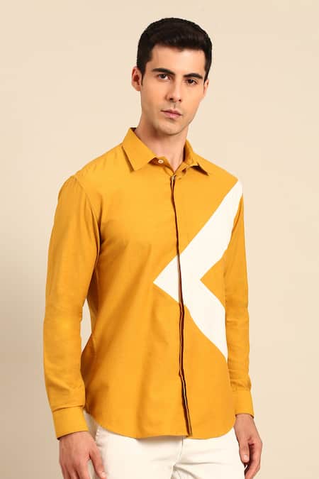 Buy_Mayank Modi - Men_Yellow Cotton Geometric Panel Shirt _Online_at_Aza_Fashions