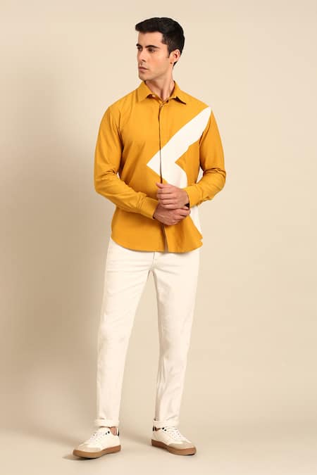 Shop_Mayank Modi - Men_Yellow Cotton Geometric Panel Shirt _Online_at_Aza_Fashions