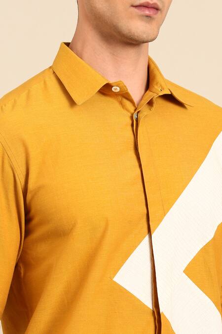 Mayank Modi - Men_Yellow Cotton Geometric Panel Shirt _at_Aza_Fashions