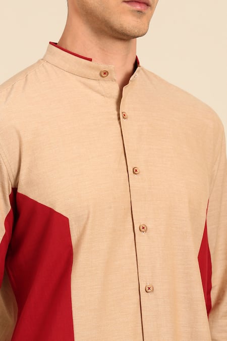 Mayank Modi - Men_Beige Cotton Color Block Shirt _Online_at_Aza_Fashions
