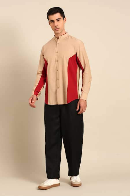 Shop_Mayank Modi - Men_Beige Cotton Color Block Shirt _Online_at_Aza_Fashions
