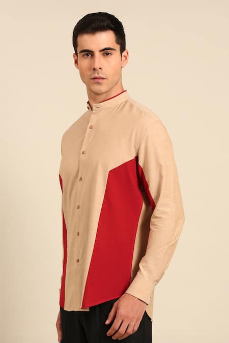 Mayank Modi - Men_Beige Cotton Color Block Shirt _at_Aza_Fashions