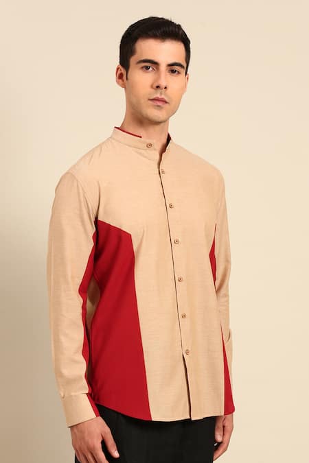 Buy_Mayank Modi - Men_Beige Cotton Color Block Shirt 