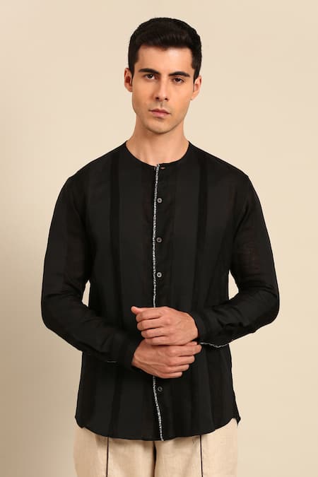 Mayank Modi - Men Linen Band Collar Shirt 