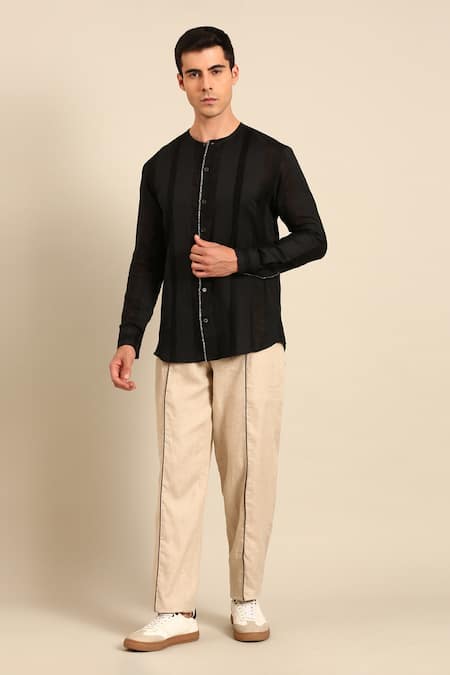 Mayank Modi - Men_Black Linen Band Collar Shirt _Online_at_Aza_Fashions