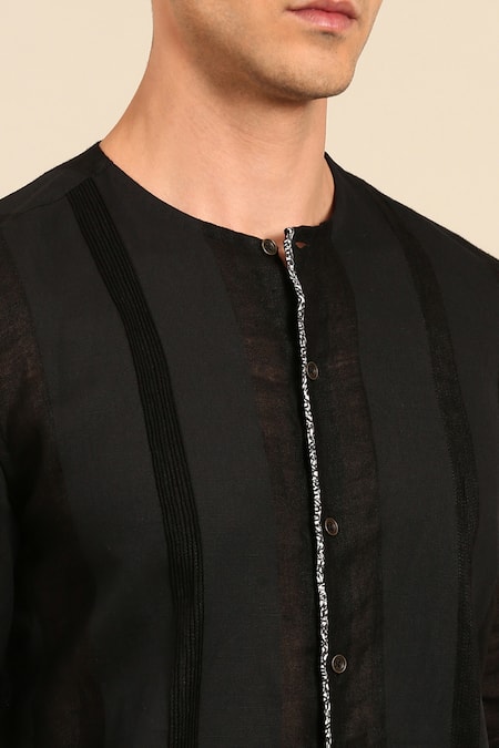 Shop_Mayank Modi - Men_Black Linen Band Collar Shirt _Online_at_Aza_Fashions