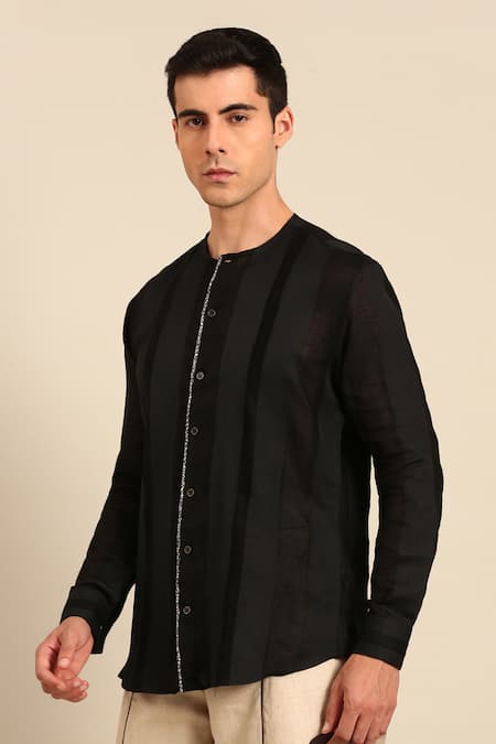 Mayank Modi - Men_Black Linen Band Collar Shirt _at_Aza_Fashions
