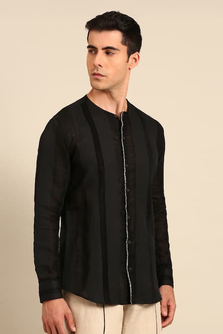 Buy_Mayank Modi - Men_Black Linen Band Collar Shirt 