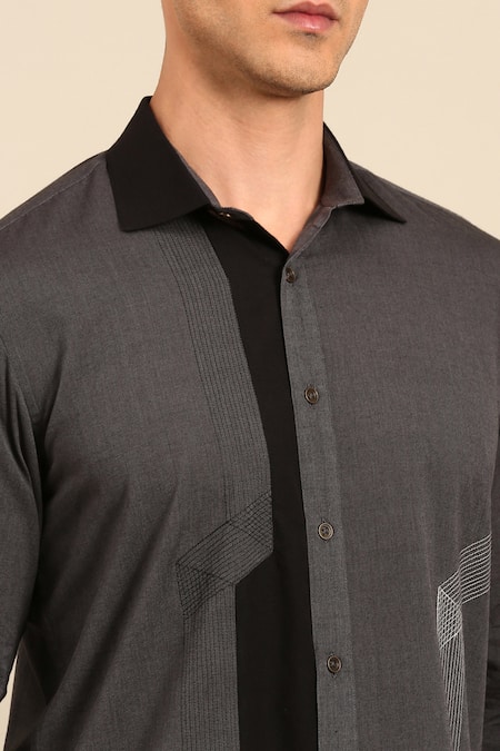 Mayank Modi - Men_Charcoal Cotton Embroidery Geometric Stitch Detail Shirt _Online_at_Aza_Fashions