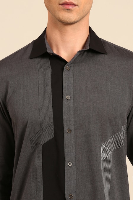 Buy_Mayank Modi - Men_Charcoal Cotton Embroidery Geometric Stitch Detail Shirt _Online_at_Aza_Fashions