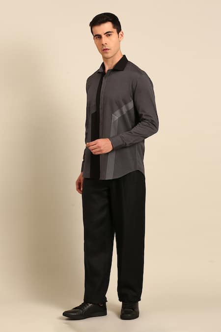 Shop_Mayank Modi - Men_Charcoal Cotton Embroidery Geometric Stitch Detail Shirt _Online_at_Aza_Fashions