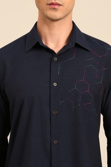 Mayank Modi - Men_Navy Cotton Embroidery Geometric Hexagon Shirt _Online_at_Aza_Fashions
